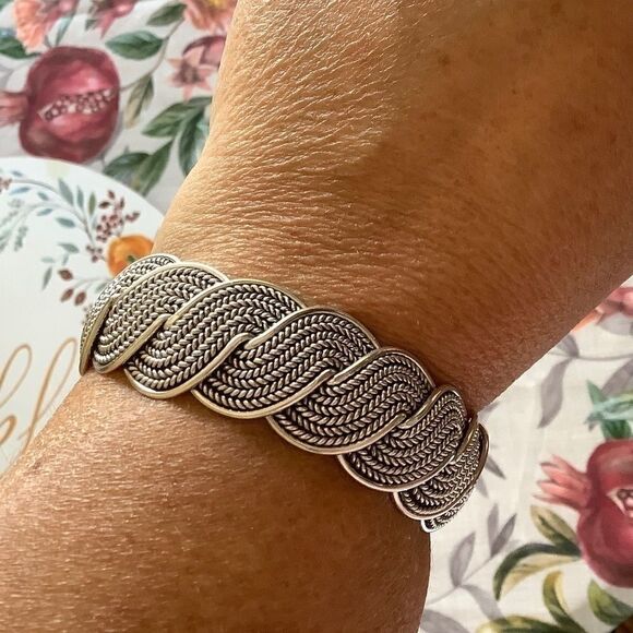𝅺STERLING SILVER 925 SOLID WIDE BRADED WOMAN BRACELET​​ - Picture 1 of 10
